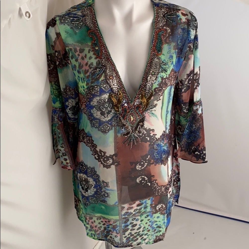 Solitaire by Rami Khosla multicolor beaded semi sheer tunic L